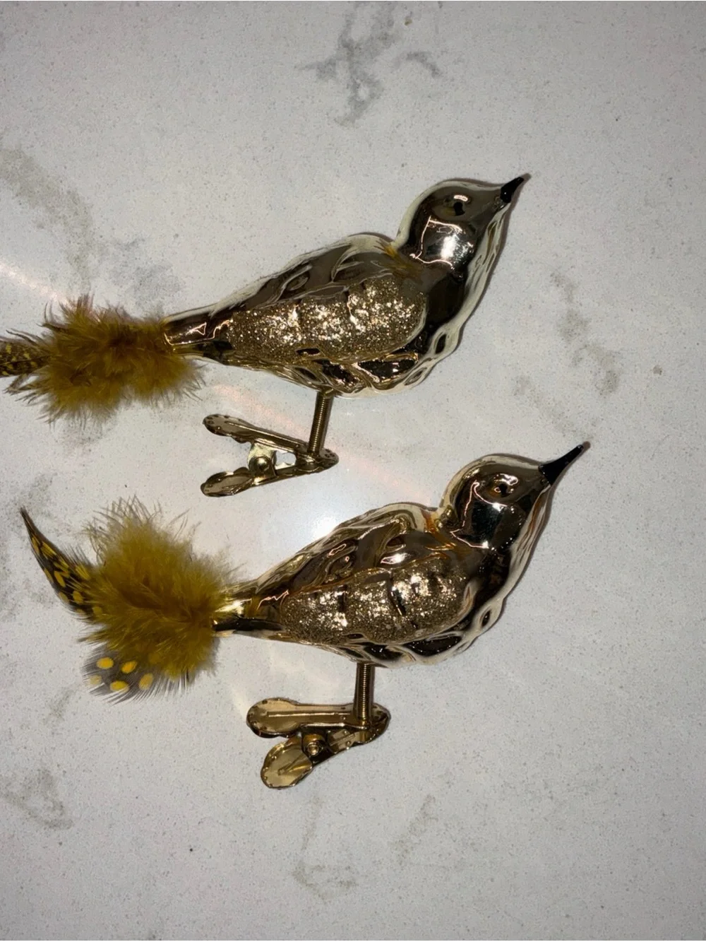 Gold color bird glass clip on Christmas ornament lot of 2 polka dot feathers